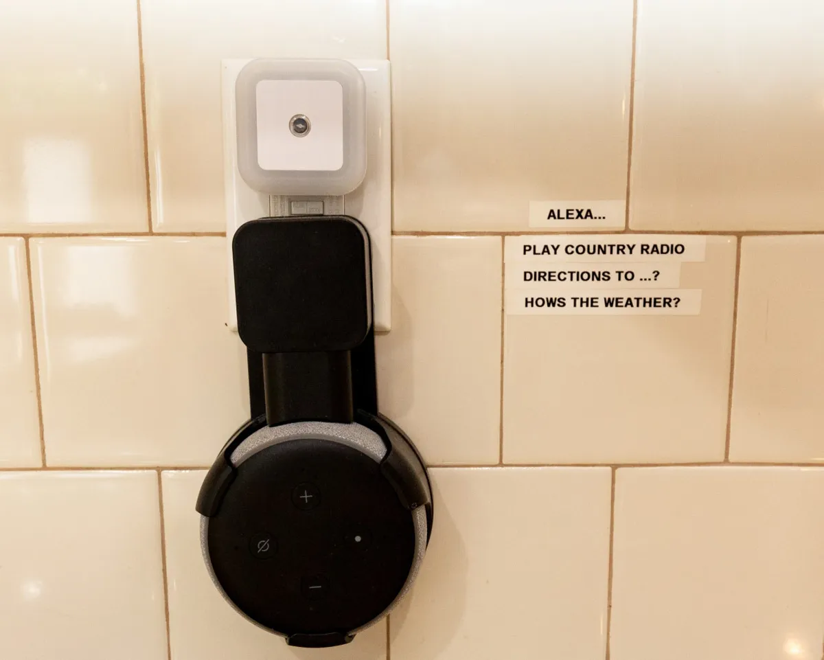 A close-up of a smart speaker, light switch, and printed voice commands. The scene illustrates smart technology available for guests, including the ability to play music, get directions, or check the weather hands-free.
